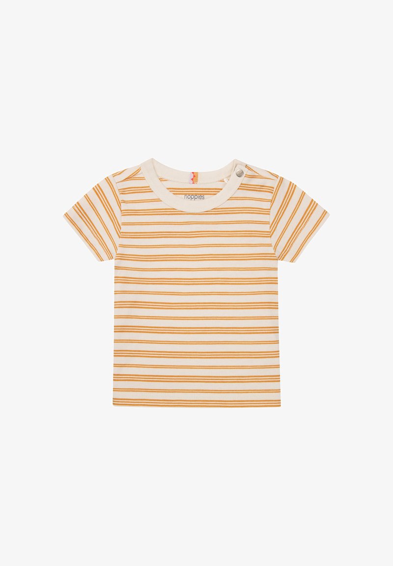 Biała koszulka z krótkim rękawem w pomarańczowe paski, okrągły dekolt i detal w postaci guzika na lewym ramieniu. Wykonana z miękkiego materiału bawełnianego.