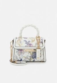 Floral-patterned handbag with white faux leather, braided handle, gold hardware, and a detachable chain strap. Features a top flap and logo tag.
