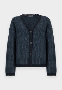 Cardigan tricotat de culoare bleumarin închis, cu un model texturat de dungi verticale și orizontale, guler în V, mâneci lungi și patru nasturi în față.