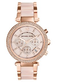 Michael Kors chronografas su rožinio aukso tono korpusu, kristalais puoštu bezeliu, šviesiai rožine ciferblatu ir rožine dervos apyranke.