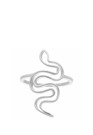 Silberner Ring mit einem glatten, abstrakten, wellenförmigen Design, das ein offenes, durchgehendes Linienmuster bildet.
