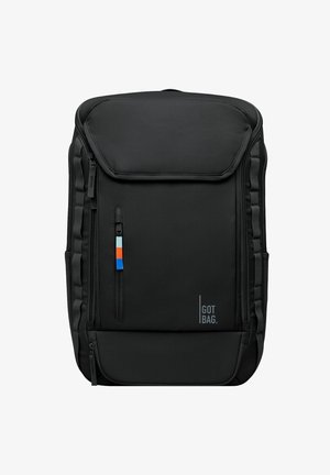 Black backpack made of durable fabric, featuring a large flap, front zip pocket with blue, orange, and white accents, and logo detail.