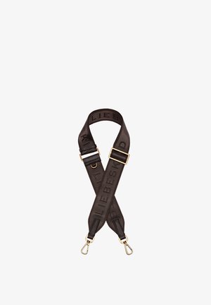 Regulowany pasek do torby z ciemnobrązowej tkaniny z zapięciami w złotym odcieniu i tekstem "Liebeskind" tkanym wzdłuż jego długości.