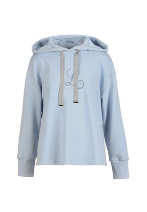 Svetlomodrá mikina s dlhými rukávmi, šnúrkami v zlatej farbe a štýlovým vyšívaným logom "L" na hrudi.