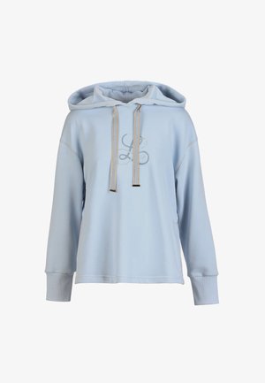 Svetlomodrá mikina s dlhými rukávmi, šnúrkami v zlatej farbe a štýlovým vyšívaným logom "L" na hrudi.