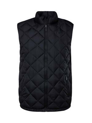 Zwarte, mouwloze puffer vest met een hoge kraag, een gewatteerd ruitpatroon, een ritssluiting aan de voorkant en zijzakken. Glad, lichtgewicht stof.