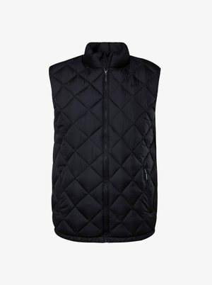 Zwarte, mouwloze puffer vest met een hoge kraag, een gewatteerd ruitpatroon, een ritssluiting aan de voorkant en zijzakken. Glad, lichtgewicht stof.