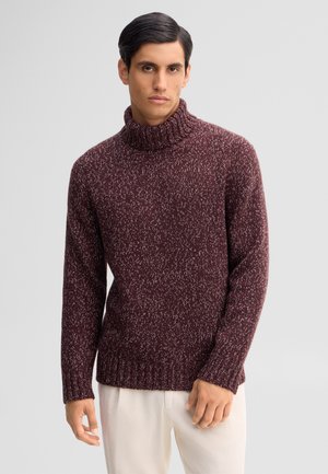 Uomo che indossa un maglione dolcevita granata maculato e pantaloni chiari su uno sfondo chiaro uniforme.