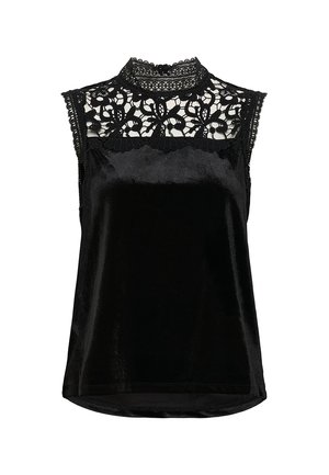Black sleeveless top made from velvety fabric. Features a high, lace-trimmed neckline with intricate floral lace pattern across the chest.