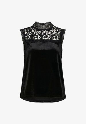 Black sleeveless top made from velvety fabric. Features a high, lace-trimmed neckline with intricate floral lace pattern across the chest.
