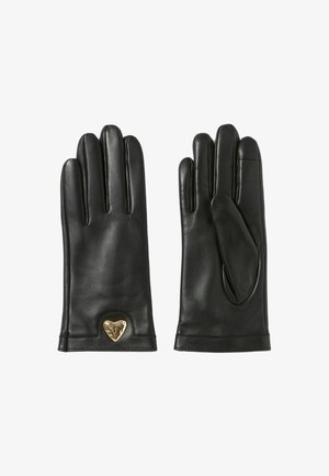 Guanti in pelle nera con una texture liscia, caratterizzati da un accento metallico dorato a forma di cuore nell'area del polso.