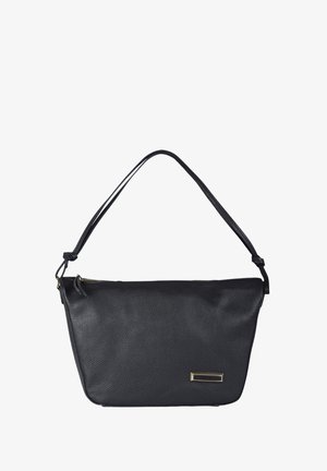 Borsa a tracolla in pelle nera con superficie testurizzata, chiusura con cerniera e tracolla sottile e alla moda. Presenta un dettaglio in metallo color oro.