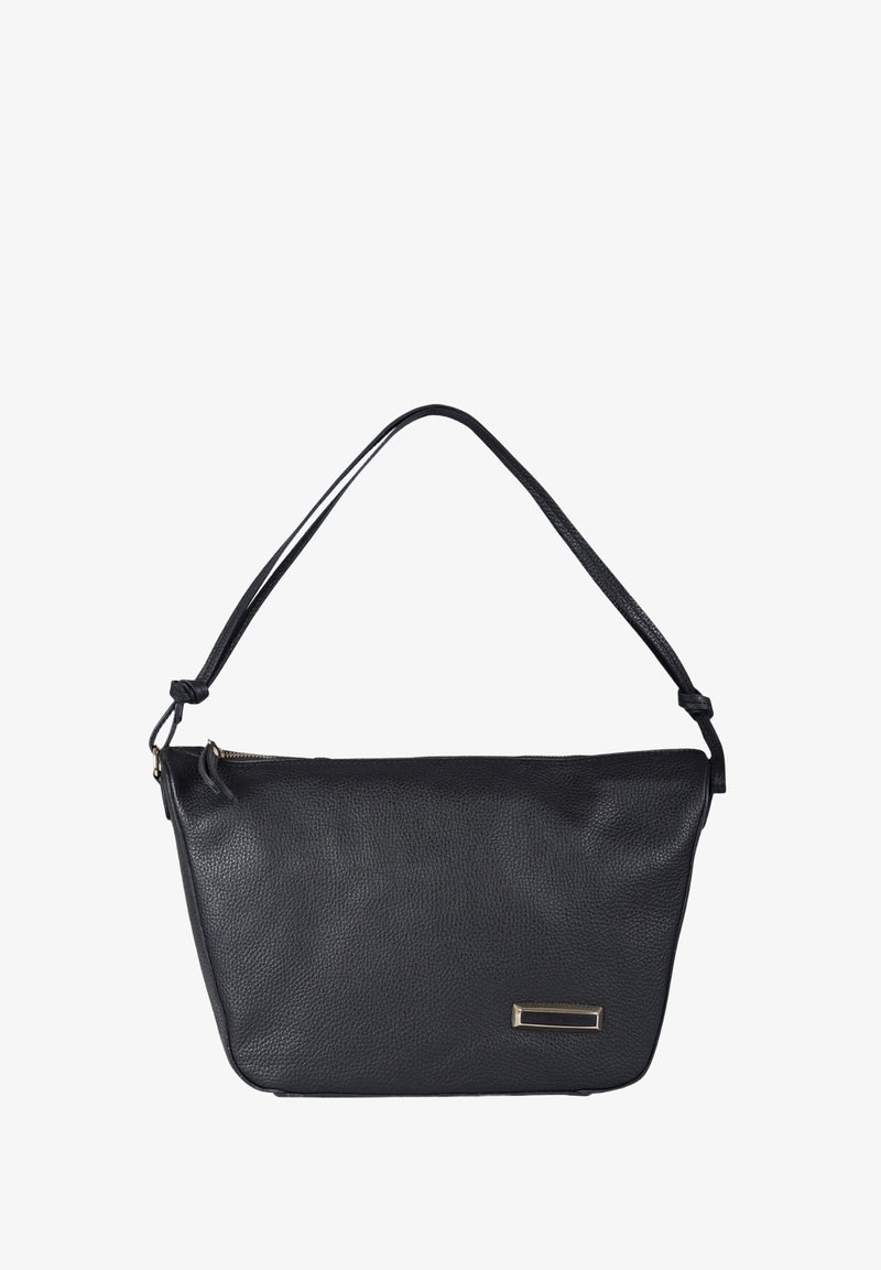 Borsa a tracolla in pelle nera con superficie testurizzata, chiusura con cerniera e tracolla sottile e alla moda. Presenta un dettaglio in metallo color oro.