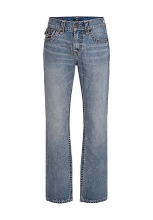 Light blue straight-leg jeans in denim fabric with contrasting stitching. Features five pockets and a button closure.