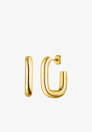 Goldfarbene Ohrringe mit einem glatten, runden U-förmigen Design und einem Steckverschluss. Die Oberfläche hat ein poliertes, spiegelndes Finish.