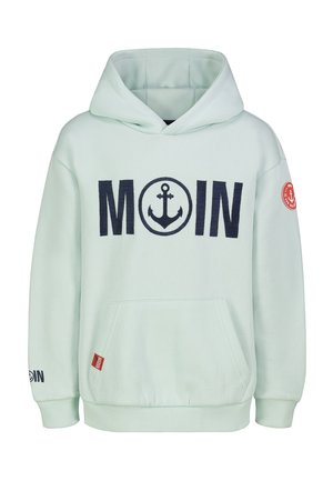 Licht mintgroene hoodie met donkerblauwe "MOIN" tekst en ankerafbeelding, voorzak en rode ronde patch op linkermouw.