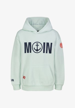Light mint green hoodie with navy "MOIN" text and anchor graphic, front pocket, and red round patch on left sleeve.