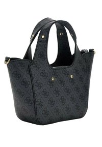 Bolso de mano negro texturizado con doble asa, diseño de patrón sutil, botones en tono dorado y fondo redondeado.