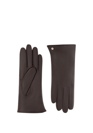 Dunkelbraune Lederhandschuhe, einer mit der Handfläche nach oben und einer mit der Rückseite nach oben, mit feiner Naht und einem kleinen Metallknopf in der Nähe des Handgelenks.