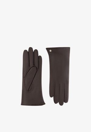 Dark brown leather gloves, one palm side up and one back side up, with fine stitching and a small metal button near the wrist.