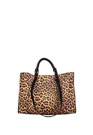 Borsa grande a mano con stampa leopardata e manici neri, caratterizzata da una forma rettangolare strutturata e doppi manici per il trasporto a mano o a spalla.