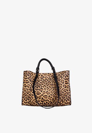 Borsa grande a mano con stampa leopardata e manici neri, caratterizzata da una forma rettangolare strutturata e doppi manici per il trasporto a mano o a spalla.