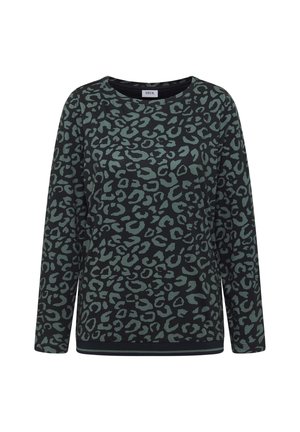 Langærmet sort skjorte med grønt abstrakt leopardprint og rund udskæring, mærket "CECIL" på kraveetiketten.