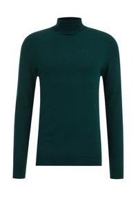 Mörkgrön polotröja med långa ärmar, slät yta, figursydd design och ribbad krage och mudd. Inga synliga mönster eller dekorationer.