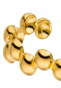 Goldarmband mit abgerundeten, reflektierenden Perlen und einer glatten Oberfläche, die in einem flexiblen Design miteinander verbunden sind. Keine zusätzlichen Verzierungen.