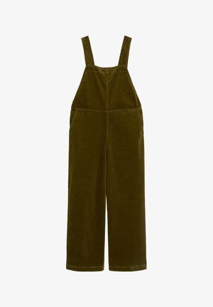 Olive rohelised kangast üleüldised, millel on reguleeritavad õlapaelad, sirged laiad sääred ja kaks küljetaskut. Pehme tekstuur ja vastupidav kude.