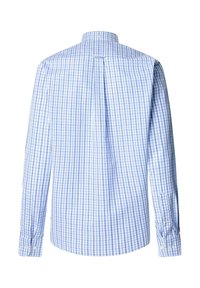 Camicia a maniche lunghe blu e bianca a quadri con plissè sul retro, polsini con bottoni e colletto classico. Materiale in cotone con texture liscia.
