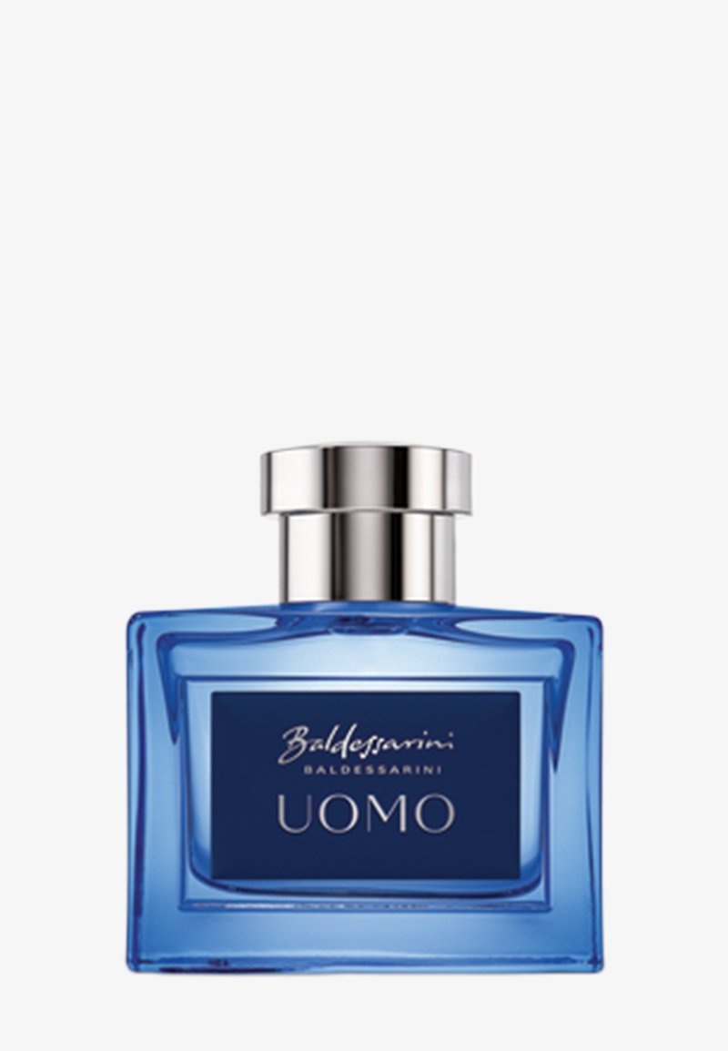 Blue rectangular glass perfume bottle with silver cap labeled "Baldessarini UOMO" on the front.