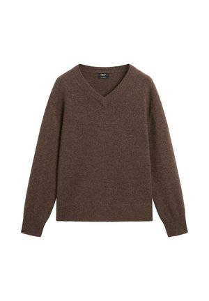 Brun V-hals sweater lavet af blødt materiale med ribbede manchetter og nederkant. Den har en afslappet pasform og ingen synlige mønstre eller hardwaredetaljer.