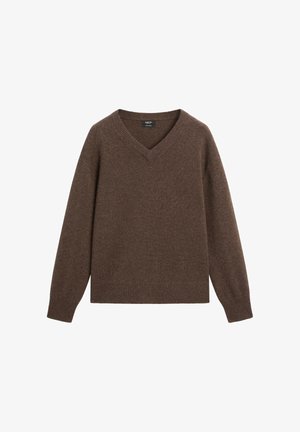 Brun V-hals sweater lavet af blødt materiale med ribbede manchetter og nederkant. Den har en afslappet pasform og ingen synlige mønstre eller hardwaredetaljer.