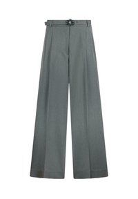 Wide-leg trousers in light grey fabric, featuring a decorative belt with a jeweled accent. Tailored design with sharp creases and cuffs.