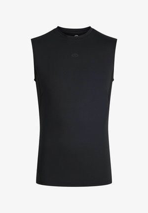 Débardeur sportif noir avec col rond et logo subtil centré sur la poitrine sur fond blanc.
