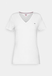 Vit bomull V-ringad t-shirt med korta ärmar, slim fit och en liten logotyp i röd och blå på bröstet.