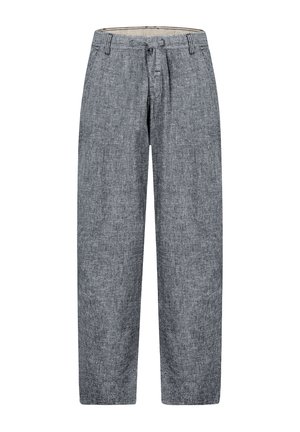 Men's straight-leg grey textured trousers with belt loops and a button closure on a white background.