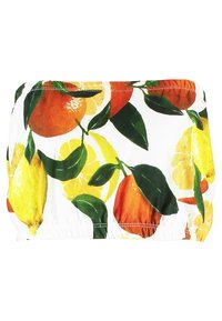 Tessuto a fantasia di frutta con arance, limoni e foglie verde lime su fondo bianco; vita elastica e texture liscia.
