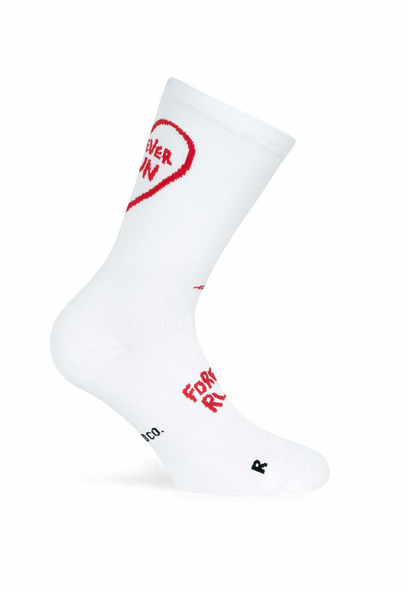 Calcetín de mezcla de algodón blanco con texto rojo, que incluye "FOREVER RUN", en una fuente divertida y un gráfico de corazón cerca de la parte superior.