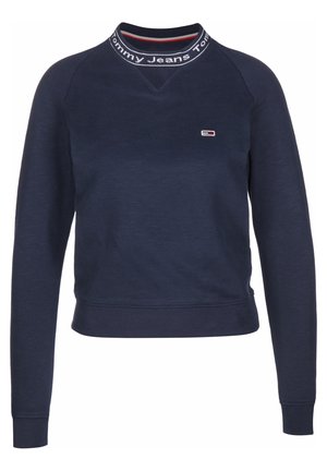 Felpa blu navy in cotone; presenta un collo alto con dettagli a righe rosse e bianche e un piccolo logo sul petto. Polsini a costine.