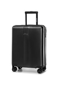 Valise rigide noire avec texture à côtes verticales, une poignée télescopique, quatre roues et un logo de marque sur le devant.