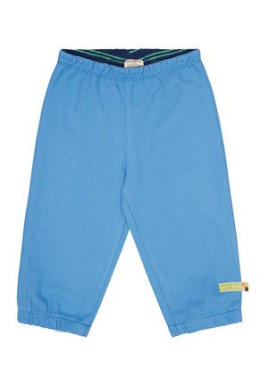 Lichtblauwe katoenen broeken met een elastische tailleband, gathered cuffs en een groen en marineblauwe gestreepte binnenvoering, met een logo-label aan de zijkant.