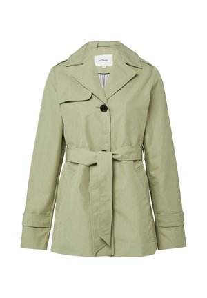 Hellgrüner Damen-Trenchcoat mit weitem Revers, tailliertem Gürtel, Knopfverschluss, Klappendetail an der Schulter und Manschettenriemen.