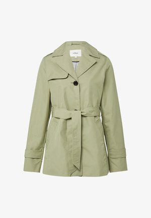 Lichtgroene dames trenchcoat met brede revers, ceintuurnaad, knoopsluiting, klepdetail op de schouder en manchetten met riempjes.