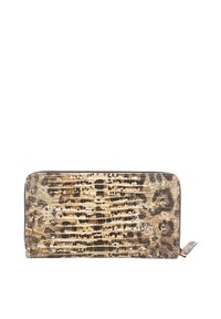 Crocodile-embossed wallet in beige and black, featuring a rectangular shape, zip closure, and textured surface with a leopard print design.