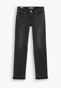 Jeans de mezclilla negra con un diseño de pierna recta, que presentan cinco bolsillos, herrajes plateados y un dobladillo deshilachado en los tobillos.