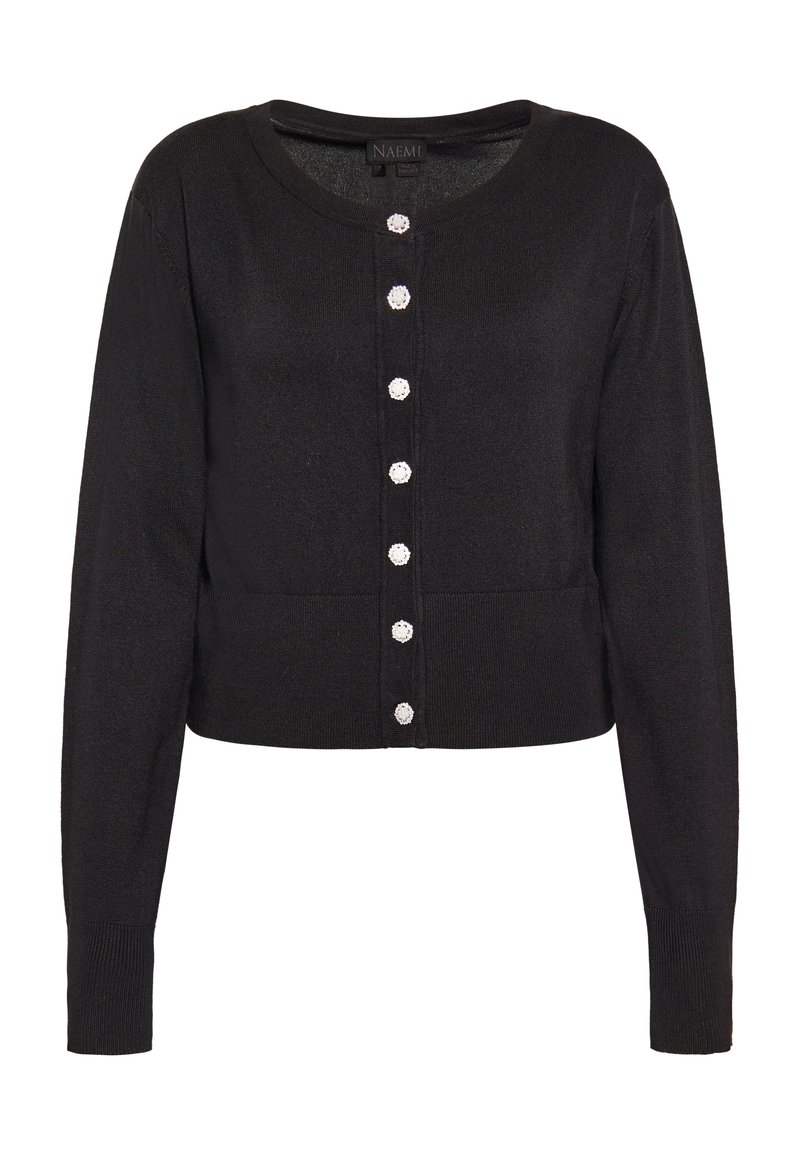 Cardigan nero corto realizzato in tessuto morbido, con scollo rotondo, maniche lunghe e sei bottoni decorativi sul davanti.