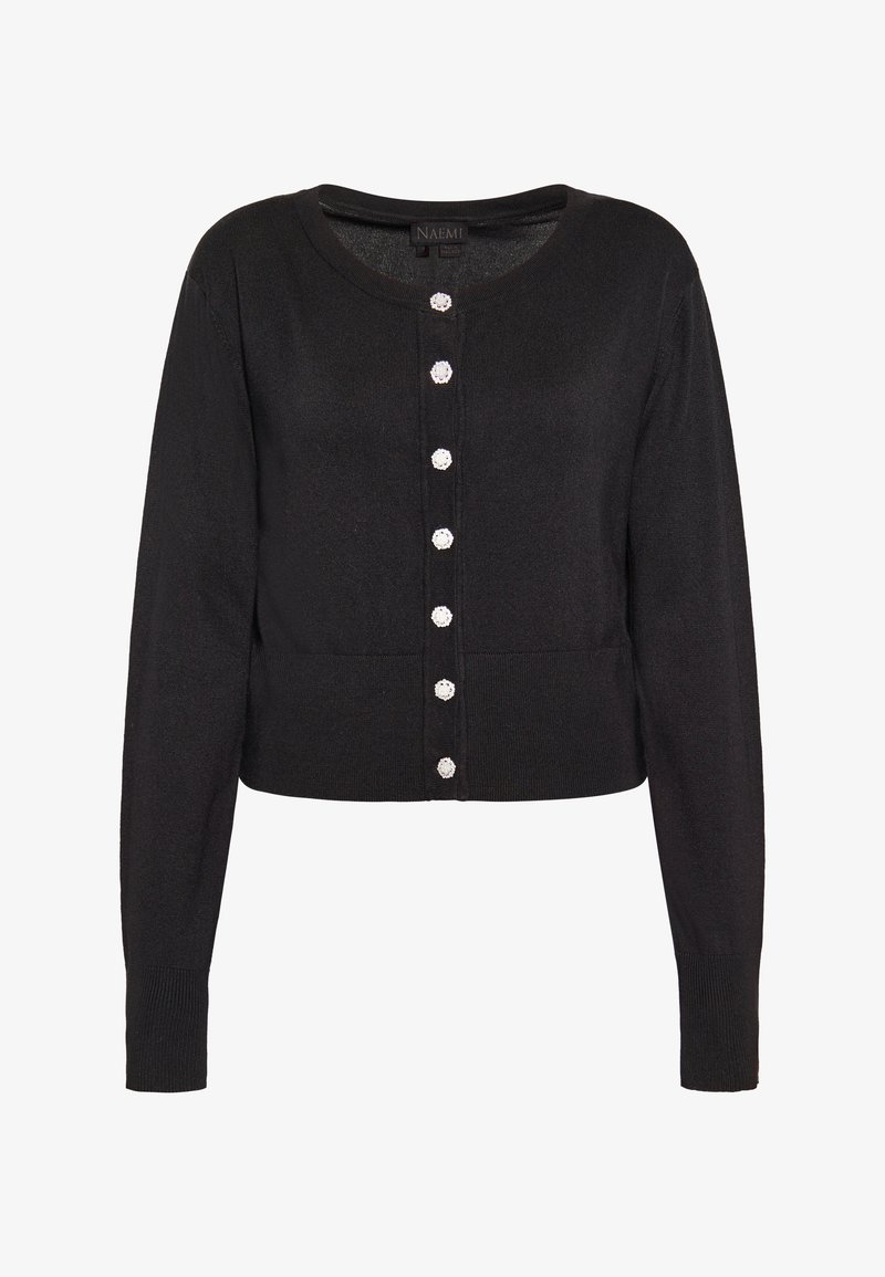 Zwarte cropped cardigan van zacht materiaal, met een ronde halslijn, lange mouwen en zes decoratieve knopen aan de voorkant.