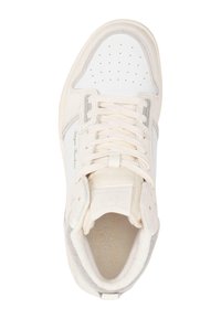 Sneaker alta in pelle bianca e grigio chiaro, con punta traforata, lacci tono su tono, marchio a rilievo e dettagli in suede.
